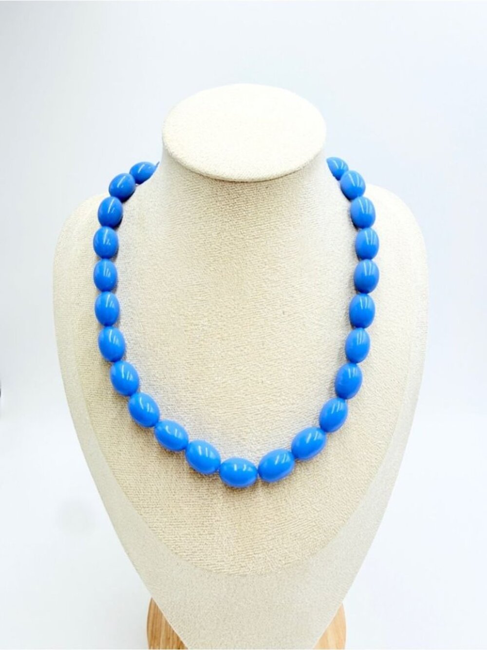Vintage Blue Oval Beaded Necklace with Gold-Tone Spring Ring Clasp